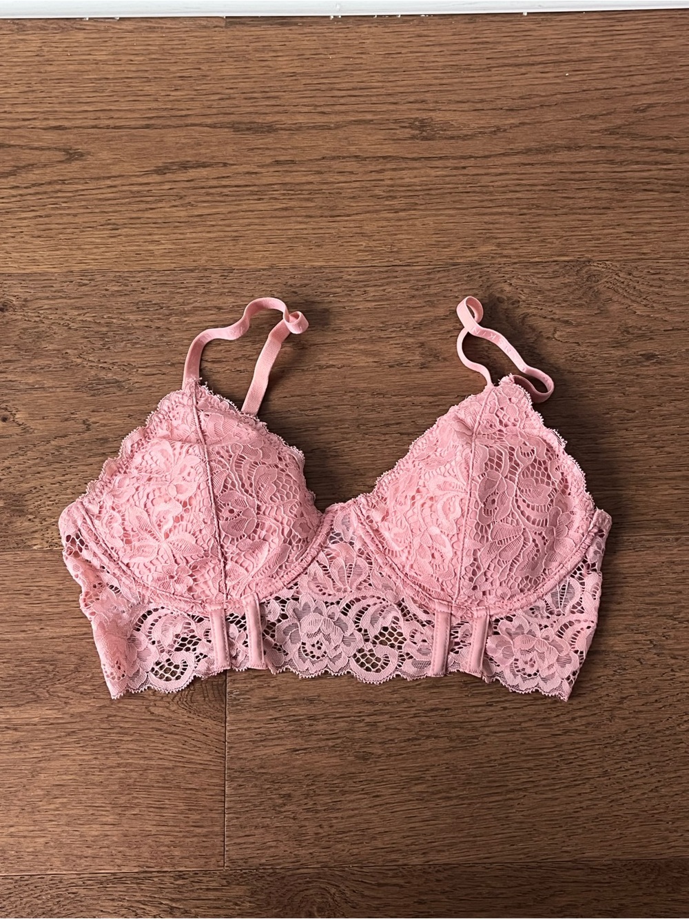 Danskin Intimates Floral Lace Longline Plunge Bralette Women’s Large Light Pink